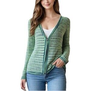 Ciebon XS Green Blue Check Zip Cardigan Y2K Indie Lightweight Indie Chic Sweater